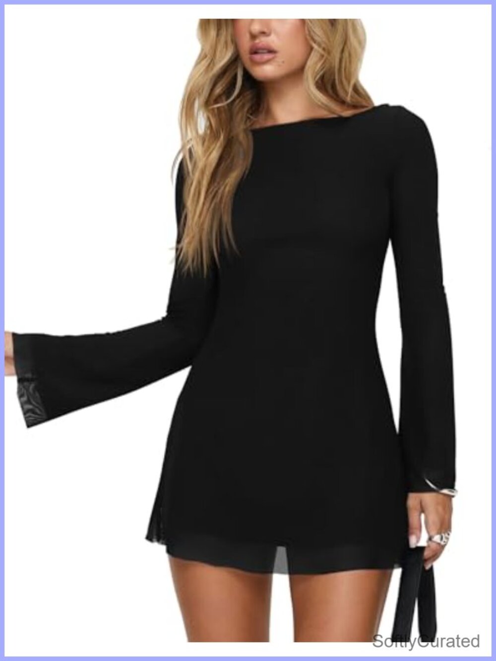 Women's Long Sleeve Backless Mini Cocktail Dress with Boat Neck Bell Sleeves